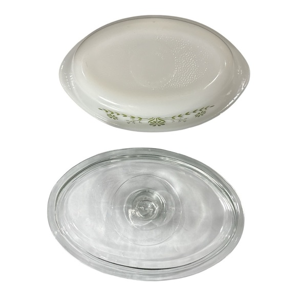 Vintage Ovenware 235 1 Qt 10" Casserole Dish Green Daisy Milk Glass Oval w/ Lid - Picture 7 of 9